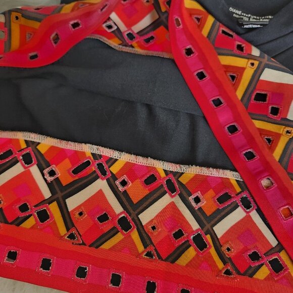 DVF Diane Von Furstenberg Silk Shift Dress Womens Sz 2 Black Tribal Boho Sleevle - Picture 10 of 13